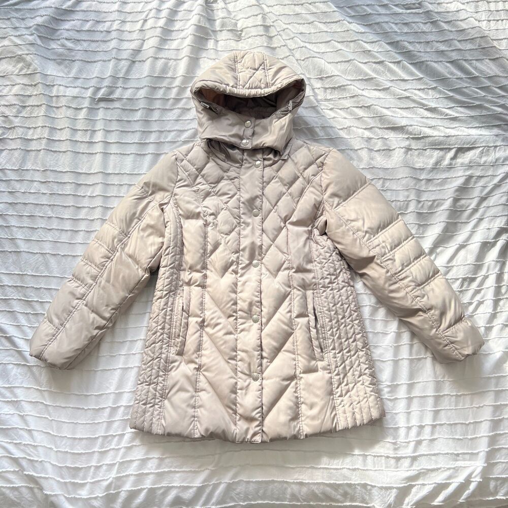 London Fog Women's L Diamond Quilted Down Hooded Puffer Coat Jacket Taupe Beige